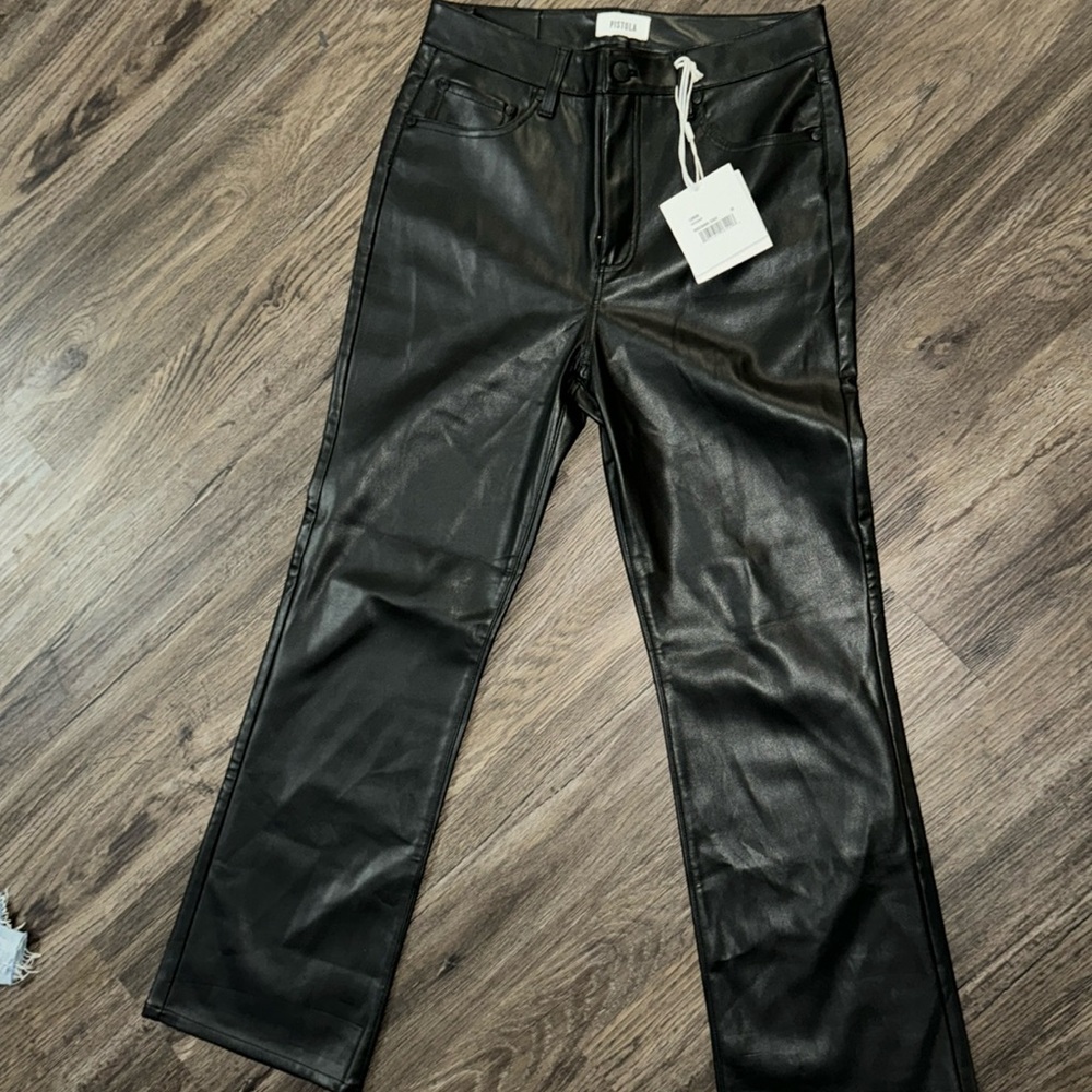NEW PISTOLA lennon coated bootcut leather  jeans in slate black sz 28